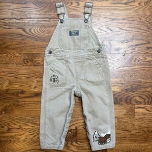 OshKosh B'gosh Toddler Boys Tan Moose Mountain Camping Overalls Size 18 Months